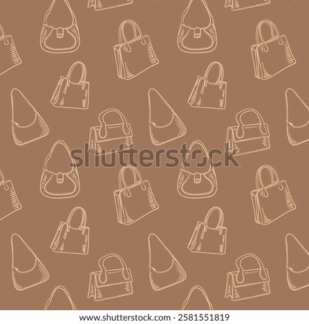Pattern of Women's bag drawing by hand on trendy background. Vector seamless pattern handbag. Line sketch illustration. Сolor of the year.