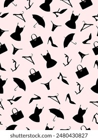 Pattern of women's clothes on pink background.