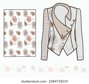 Motif des vêtements de mode pour femmes. Veste avec un motif harmonieux d'écussons et de feuilles d'érable. Arrière-plan aux couleurs du lit. illustration vectorielle