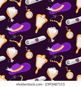 Pattern with women's and men's accessories of old fashion. Seamless vector pattern with objects from the 18th and 19th centuries. Seamless texture of jewelry mirror, fans, necklaces, hat, watch