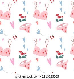 Pattern of women's things. Valentine's day, Women's day. Gifts, flowers, hearts, strawberries, bra, panties. For wrapping paper, textiles, postcards, flyers.