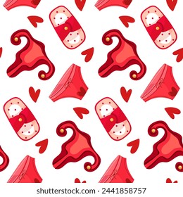 Patrón de los calzoncillos de las mujeres, útero, almohadilla ecológica. El tema de la menstruación, El concepto del ciclo menstrual regular de una mujer. El periodo menstrual. Ropa interior rosa de mujer con corazones