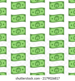 Pattern of Won banknotes on transparent background with mini doodle (icon) and green color. Vector Illustration
