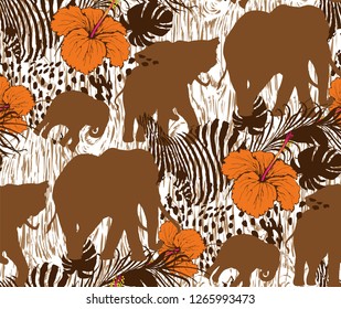 Pattern of wood and elephant. Vector illustration. Suitable for fabric, wrapping paper and the like