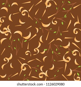 Pattern of wood shavings and small particles, sawdust, branches with leaves. Cutting from the jointer, the concept of forestry, woodworking industry. Background, pattern. Vector illustration.