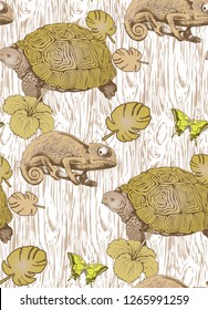 Pattern of wood, turtle, chameleon and flowers. Vector illustration. Suitable for fabric, wrapping paper and the like