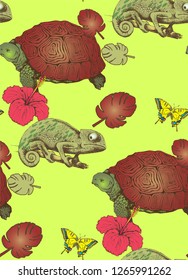 Pattern of wood, turtle, chameleon and flowers. Vector illustration. Suitable for fabric, wrapping paper and the like