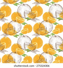 Pattern in woodcut style with oranges. Hand drawn sketch fruits. Vector illustration.
