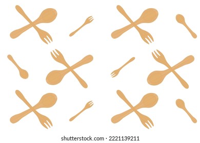 Pattern of wooden bamboo spoons and forks on a white background. The concept of ecology, environmental protection, waste recycling. Vector image.
