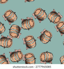 pattern Wooden barrel standing on a base with a front tap and top bung, hand drawn in a line art style, representing winemaking, aging, storage, and traditional beverages
