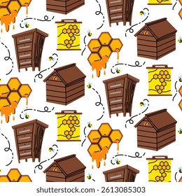 pattern of wooden beehives. house with roof, honeycombs with honey, board with honey on white background. Home-made honey production. bee house. Insects are flying near house. drawer with shelves