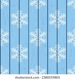 Pattern with wooden boards and snowflakes. Seamless pattern with the image of blue boards and snowflakes painted on them. Winter New Year, Christmas pattern. Vector illustration