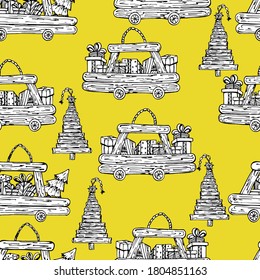 Pattern with a wooden car, gifts, Christmas tree. Festive coloring with cars for children and adults. One of a series of handmade liner graphics. For coloring, textiles, wallpaper, design, postcards. 