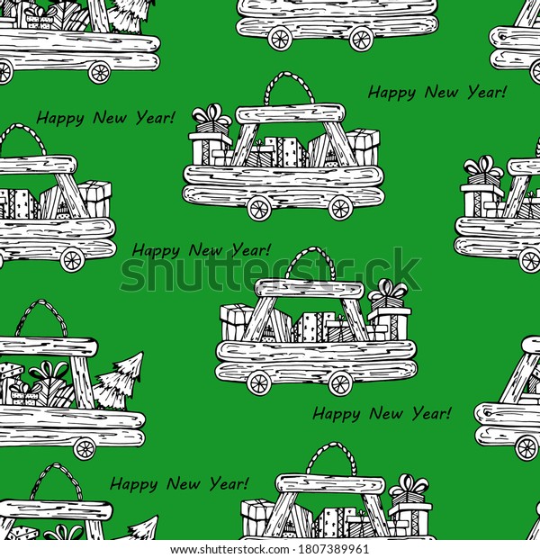 Pattern with a wooden car, gifts, Christmas tree.\
Festive coloring with cars for children and adults. One of a series\
of handmade liner graphics. For coloring, textiles, wallpaper,\
design, postcards. 