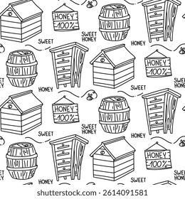 pattern of wooden containers associated with honey. a house with a roof, a beehive, a board with an inscription on a white background. Home-made honey production. One wooden house, a box with shelves.