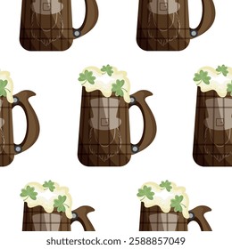 pattern with wooden mugs with leprechaun face print with wheat beer and shamrock leaves, st patrick's day design