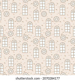 Pattern with wooden window frames. The windows are round, arched, with glass on a light background. Cartoon pattern exterior walls of the house with windows for textiles. Vector illustration