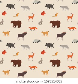 Pattern of woodland animals. Seamless pattern with woodland animals such as foxes, deer, hares, wolves, squirrels, moose etc. Illustration in a flat style. Vector 8 EPS.