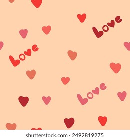 Pattern with the word love, the first letter looks like a heart surrounded by hearts and all this in red shades on a light background. Vector illustration