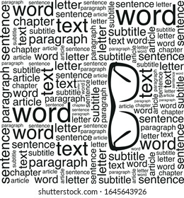 A pattern of words. Words of different sizes. Glasses. Black-white background.