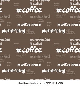 pattern of words and hashtags about coffee
