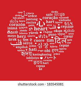 Pattern of the words "heart" in different languages of the world ((En, Ru, De, Es, Fr, It, Pl, Uk, Nl, Ro, Hu, El, Pt, Be, Sv, Sq, Ca, Cs, Da, Fi, Hr, No, Is, Tr, Ka, Ar, Fa, He, Hi, Th, Zh, Ko, Ja..