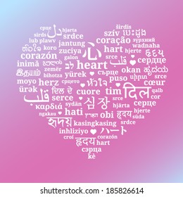 Pattern of the words "heart" in different languages of the world on pink-blue gradient background (De, Es, Fr, It, Pl, Uk, El, Pt, Cs, Da, Fin, Hr, No, Is, Tr, Geo, Ar, He, Hi, Th, Chi, Ko, Jpn..