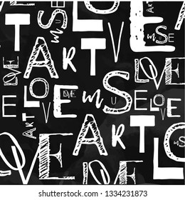 Pattern with words - love, art, muse. Design for print, t-shirt,  notebook cover, wall poster. 