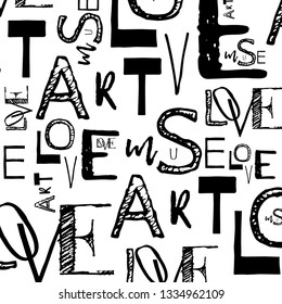 Pattern with words - love, art, muse. Design for print, t-shirt,  notebook cover, wall poster. 
