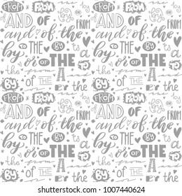 Pattern from the words "or", "and", "for", "by" A set of words with different types of handwritten fonts. Lettering.