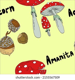 Muster mit Wörtern und Bildern des ersten Buchstabens des Alphabets A - amanita, acorn.Kann für die Entwicklung Kids Fantasy verwendet werden.