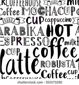 Pattern of words. Seamless background with latte alphabet. Vector coffee illustration with hand drawn letters written with a brush.