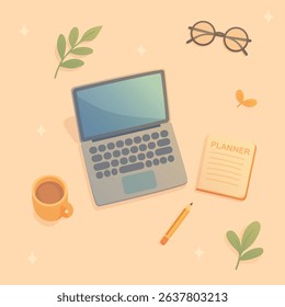 pattern work desk with laptop, coffee, glasses and planner on wooden table