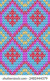 Pattern work imitating knitting Geometric shapes in blue, pink, and yellow, connected together to form a seamless pattern. Vector illustration.