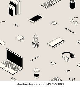 Pattern With Workplace Equipment Such As Laptop, Headphones, Phone, Books, Keyboard. Vector Illustration 