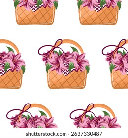 pattern with a woven straw basket with pink lily flowers, for various designs