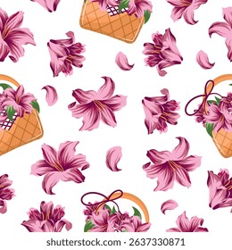 pattern with a woven straw basket with pink lily flowers and a bouquet of lilies, for various designs