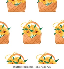 pattern with a woven straw basket with spring, yellow tulips and a banquet, for various designs