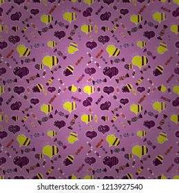 Pattern for wrapping, cover, background, surface print. Seamless raster love pattern with hearts. Vector illustration. Endless background with hand drawn figures on pink, purple and yellow colors.