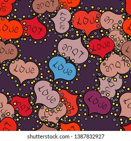 Pattern for wrapping, cover. Seamless Hearts pattern. Typography lettering poster. Vector illustration. Elements on black and violet colors. Valentines Day.