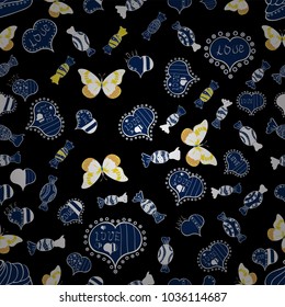 Pattern for wrapping, cover. Valentines Day. Elements on black, blue and white colors. Vector illustration. Seamless Hearts pattern. Typography lettering poster.