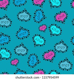 Pattern for wrapping, cover. Valentines Day. Typography lettering poster. Sketch Valentine. Vector. Wedding Romantic Love Graphics. Seamless Hand Drawn Doodles. Elements on blue, black, violet colors.
