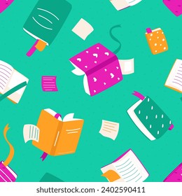 Pattern for wrapping paper in a bookstore. Seamless pattern with flying books on a green background. Illustration with books. Flat vector illustration.