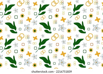 Pattern for wrapping paper, fabric or web background. Jasmine leaves and flowers, squares and stars, circles and petals. Interesting pattern for postcards and layouts