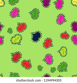 Pattern for wrapping. Vector illustration. Repeating texture. Green, black and magenta seamless heart pattern. Valentines Day. Typography lettering poster.