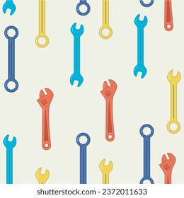 Pattern of wrench and wrench blue and yellow, orange various sizes, white background