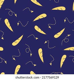 pattern with writer's accessories, objects of write on paper. feather and arrow. Yellow elements in vector illustration.