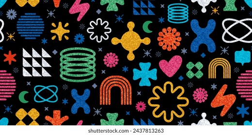 Pattern with y2k geometric shapes in retro style. Seamless simple vector color and black background. Trendy modern abstract forms and figures symbols seamless pattern. Geometric abstract background