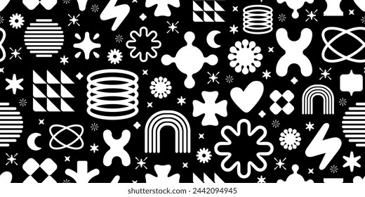 Pattern with y2k geometric shapes in retro style. Seamless simple vector white forms on black background. Trendy modern abstract forms, figures, shapes, symbols pattern. Geometric abstract background