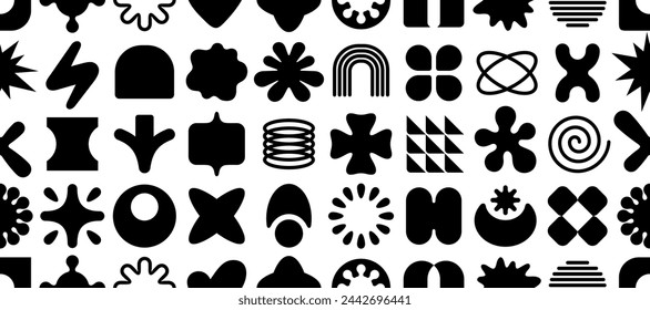 Pattern with y2k geometric shapes in retro style. Seamless simple vector black forms on white background. Trendy modern abstract forms, figures, shapes, symbols pattern. Geometric abstract background